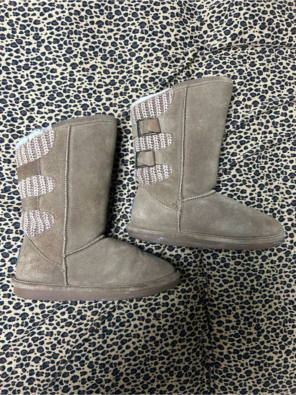 BearPaw Women's Taupe Suede Winter Boots with Knit Detail